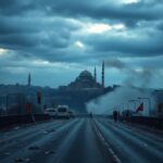 Flick International Istanbul cityscape during unrest with the Bosphorus Bridge and Hagia Sophia under dark clouds