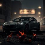 Flick International Damaged Tesla vehicle with scorch marks in a dark urban landscape