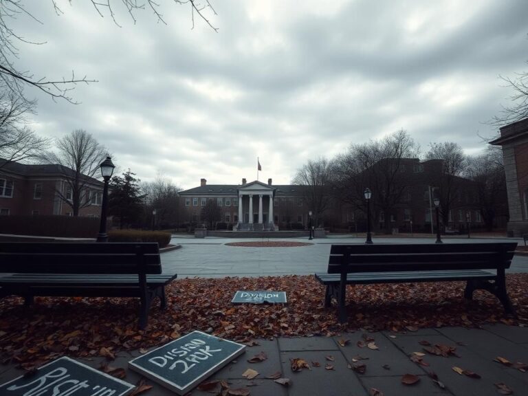 Flick International Desolate university campus courtyard with empty benches and overturned protest signs