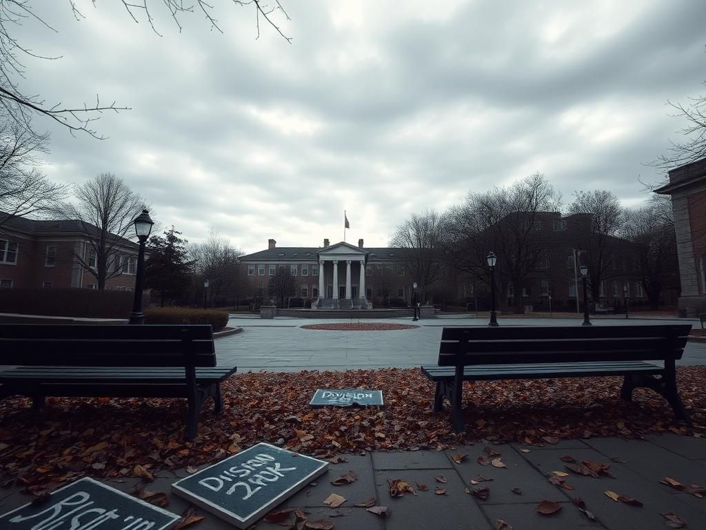 Flick International Desolate university campus courtyard with empty benches and overturned protest signs