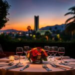 Flick International Outdoor dinner table set up for an elegant evening at the Sunset Tower Hotel