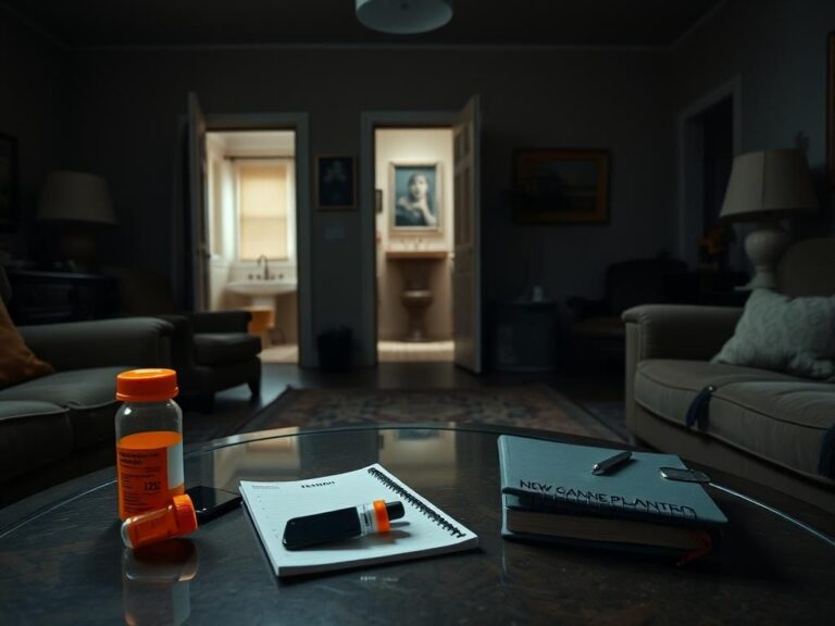 Flick International Luxurious living room with prescription bottles and cellphones in Santa Fe home