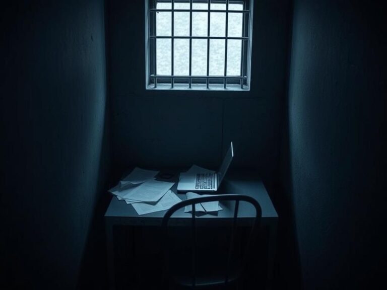 Flick International Dimly lit jail cell with a closed laptop on a metal desk