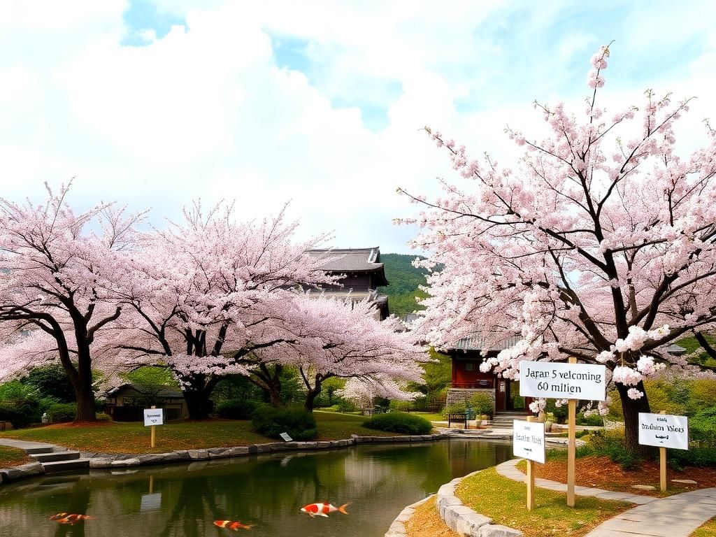 Flick International Serene landscape of Japan in spring featuring cherry blossoms and traditional garden