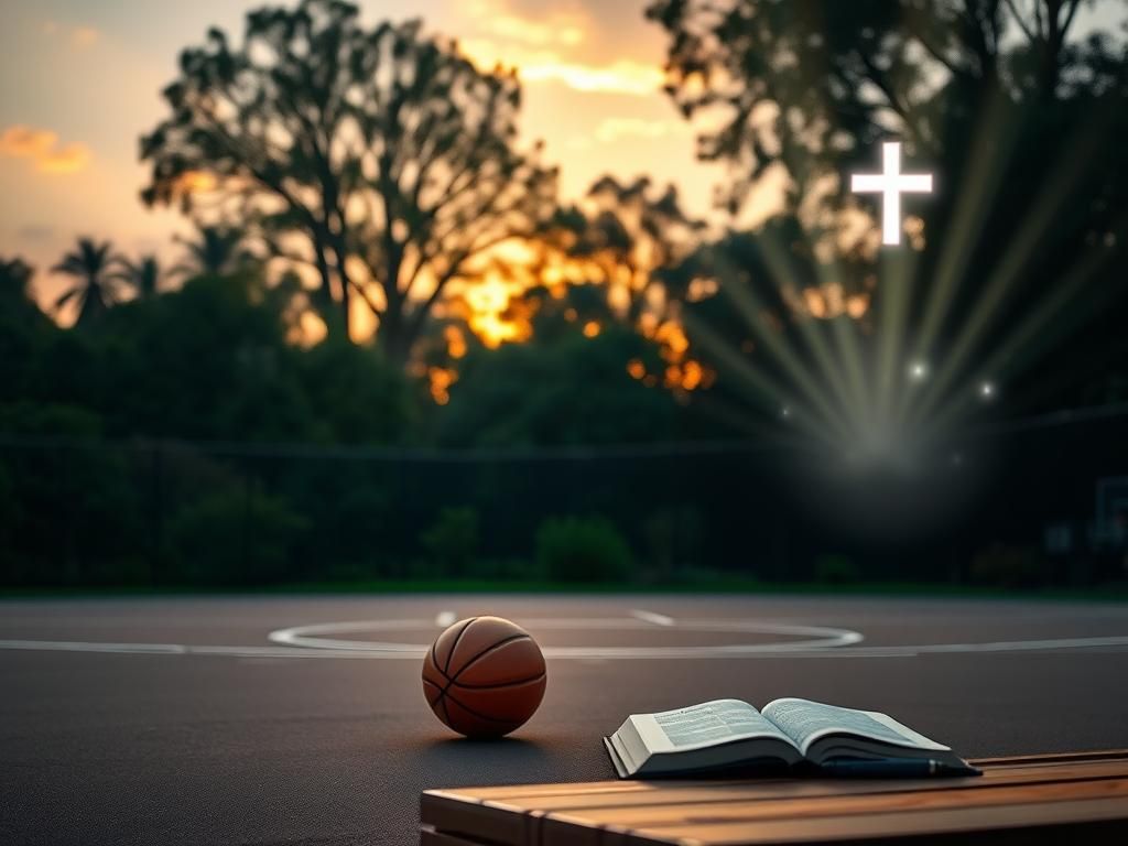 Flick International Serene basketball court at dawn surrounded by lush greenery, symbolizing hope and new beginnings