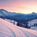 Flick International Winter landscape with snow-covered mountains and ski tracks at sunrise