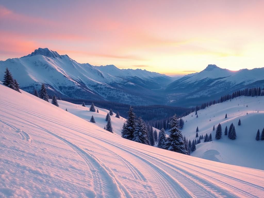 Flick International Winter landscape with snow-covered mountains and ski tracks at sunrise