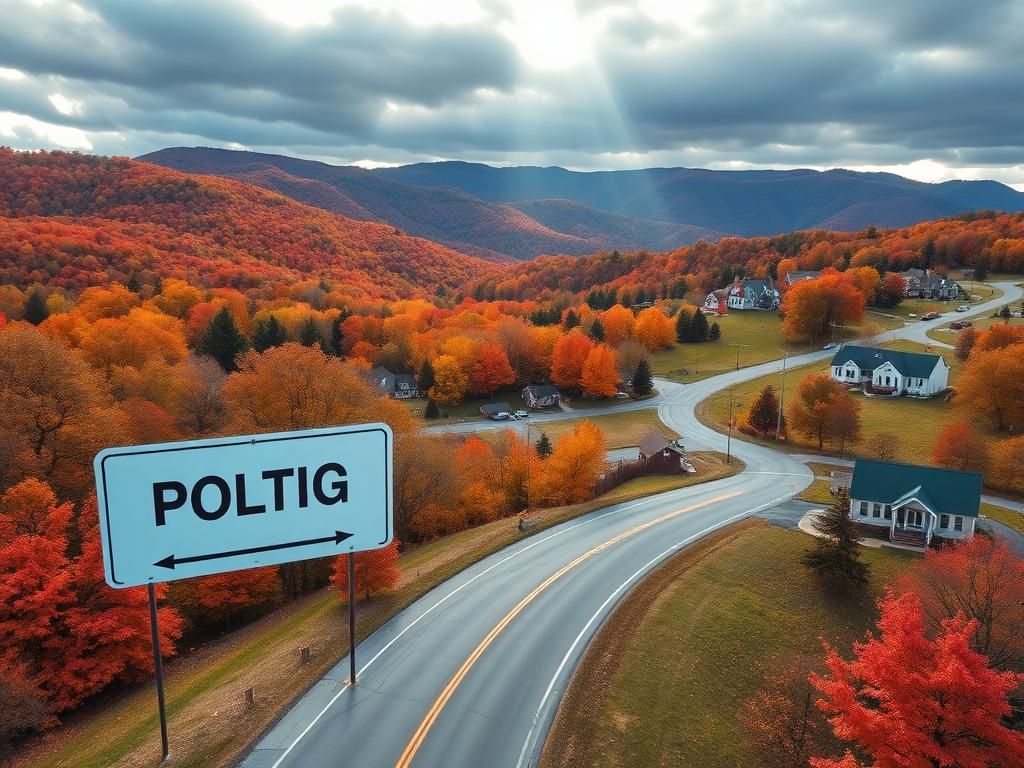 Flick International Aerial view of a western Pennsylvania polling station on Election Day surrounded by vibrant fall foliage