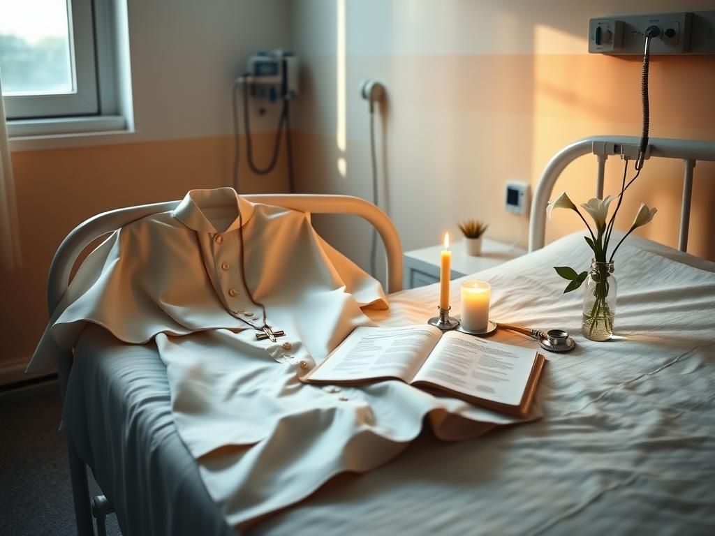 Flick International Serene hospital room with an empty papal gown, symbolizing Pope Francis' presence and care.