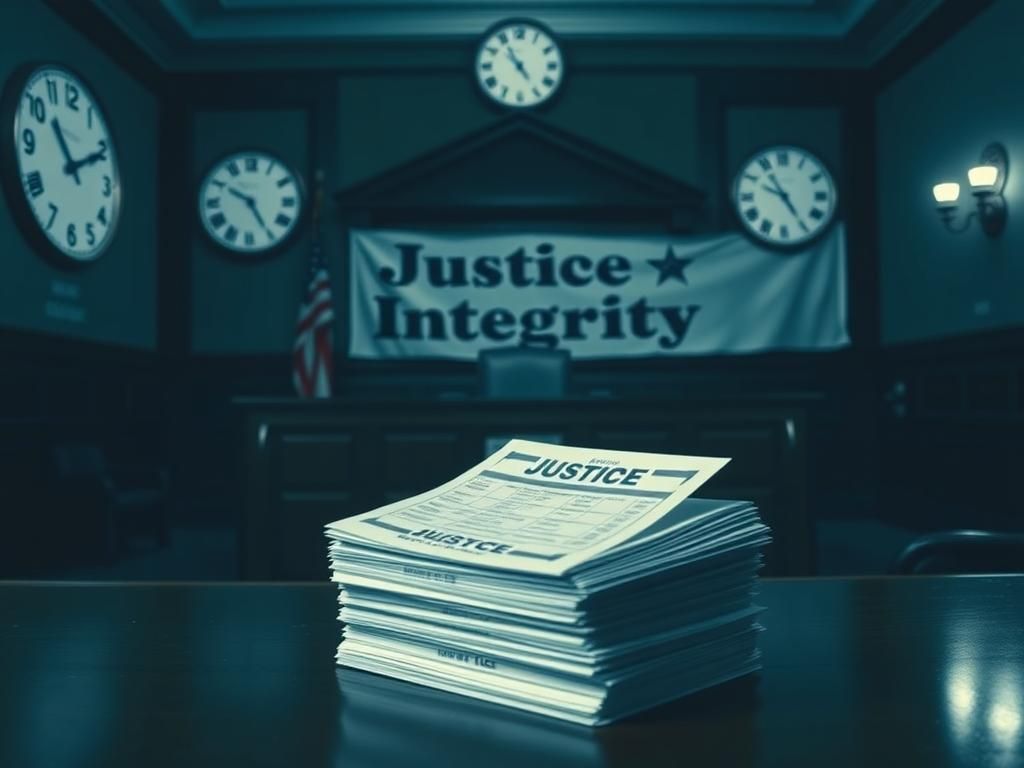 Flick International Dimly lit courtroom scene with empty judge's bench and military ballots