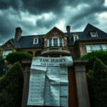 Flick International Dramatic view of a luxurious New Jersey mansion with an ominous tax lien notice on the door