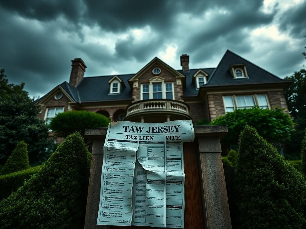 Flick International Dramatic view of a luxurious New Jersey mansion with an ominous tax lien notice on the door