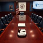 Flick International Overhead view of a polished wooden conference table in a Senate committee meeting setting.