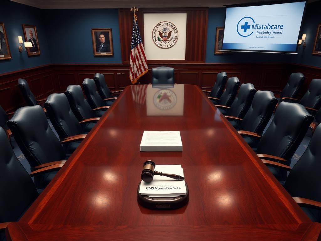 Flick International Overhead view of a polished wooden conference table in a Senate committee meeting setting.