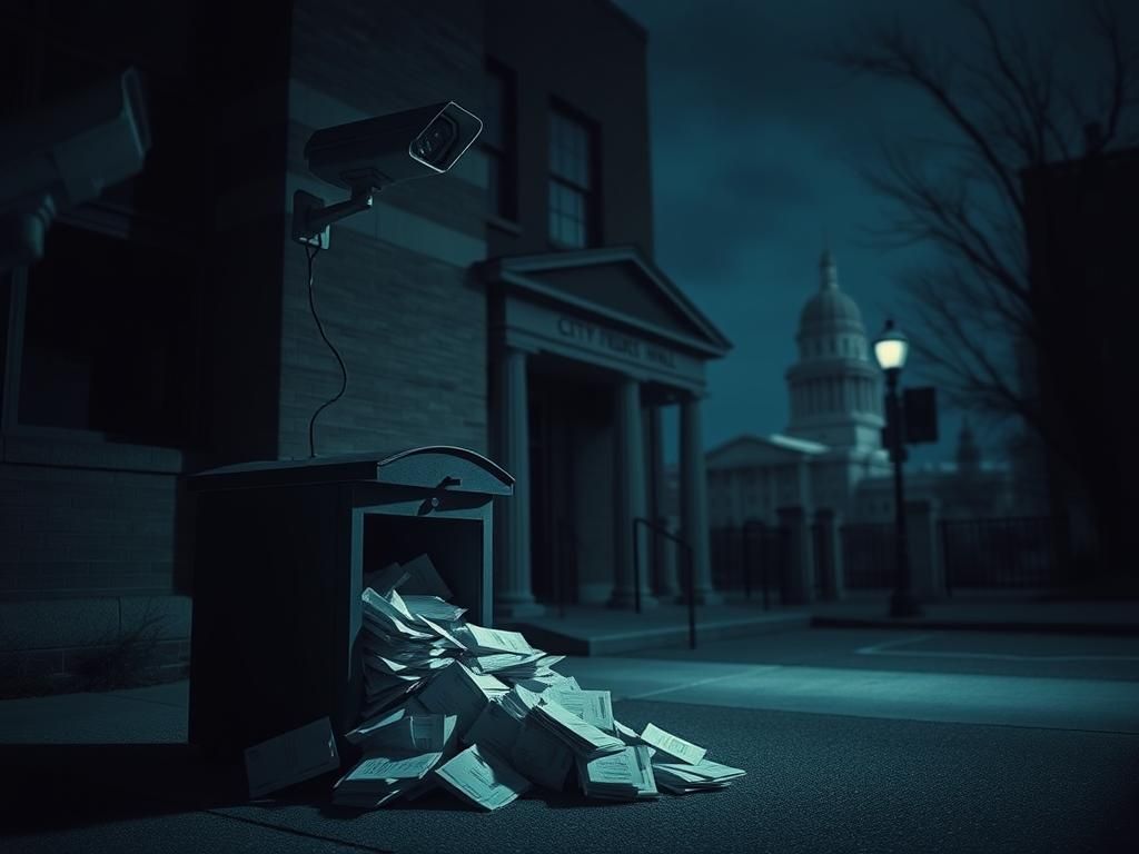 Flick International Dimly lit city hall exterior in Bridgeport, Connecticut, featuring a ballot drop box and piles of ballots spilling out