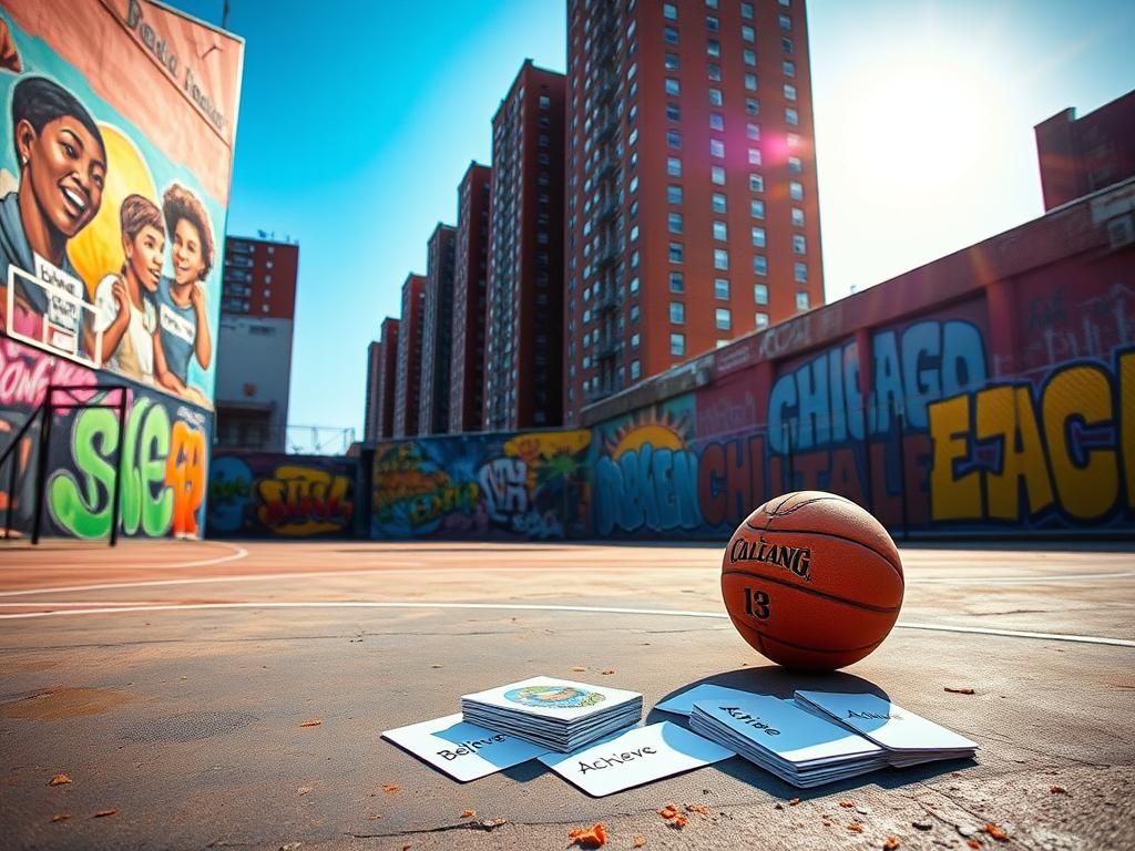 Flick International Vibrant mural and basketball court on Chicago's South Side depicting resilience and hope