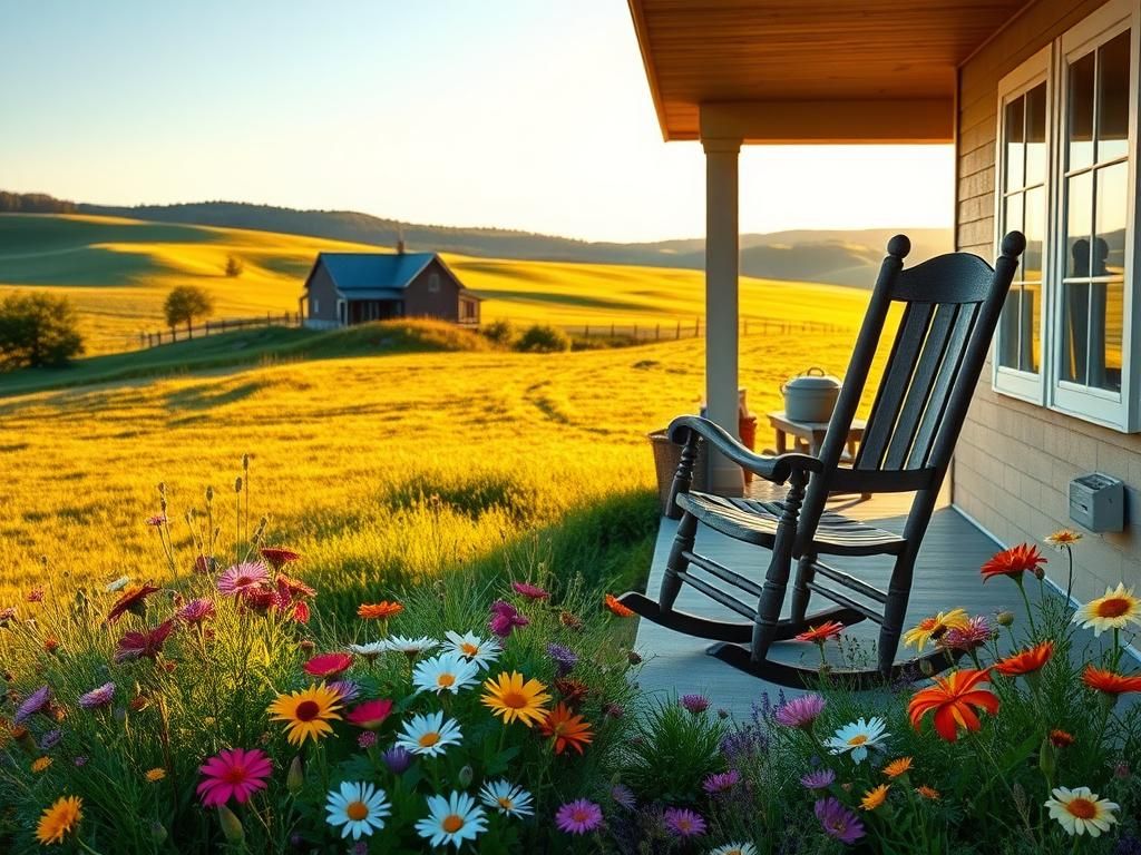 Flick International Serene rural landscape with a farmhouse and wildflowers symbolizing grandmotherhood