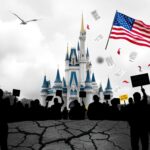 Flick International A collage depicting political ideologies with Disney castle and American flag