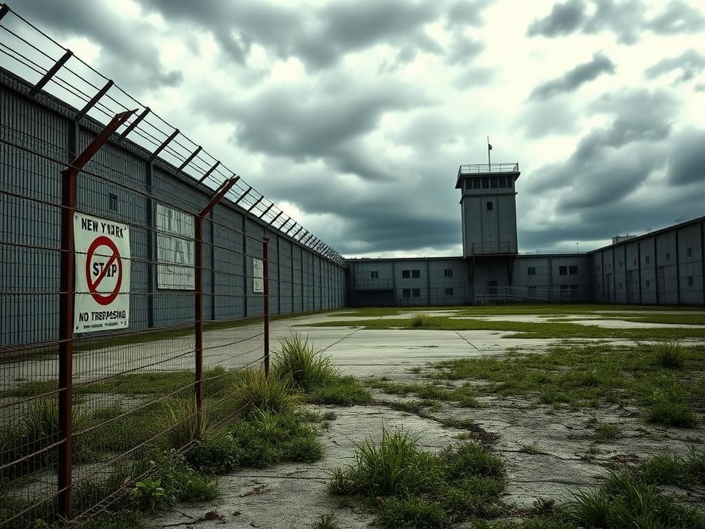 Flick International A desolate view of a New York state prison yard with imposing walls and razor wire