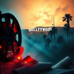 Flick International Abstract representation of Hollywood glamour and drama with film reel and iconic landmarks