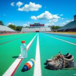 Flick International Abandoned running shoes and water bottle on a vibrant track during a high school athletic event