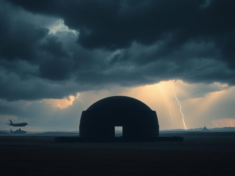 Flick International Abstract representation of an Iron Dome-like structure under a foreboding sky