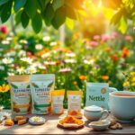 Flick International Vibrant garden scene with natural allergy remedies displayed