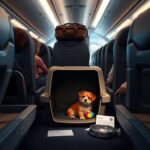 Flick International A tranquil airplane cabin with a small dog's empty pet carrier and a colorful toy.