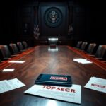 Flick International A dramatic Senate hearing room with a dark wooden table and American flags in the background