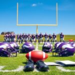 Flick International Empty huddle with Vikings uniforms and a football on the field