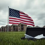 Flick International American flag backdrop with dilapidated public housing units and contrasting well-maintained homes