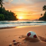 Flick International Serene beach scene in Costa Rica at sunset with beach towels and soccer ball