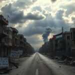 Flick International Desolate street in northern Gaza Strip with crumbling buildings and protest signs