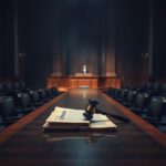 Flick International A dimly lit government chamber with a large wooden table and unoccupied chairs, symbolizing legislative discussions on federal funding.