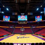 Flick International Vibrant basketball arena with empty seats and Indiana Fever logo at center court