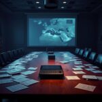 Flick International Dimly lit conference room with high-tech communication device and classified documents