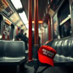 Flick International Subway car interior featuring an abandoned MAGA hat amidst urban graffiti art