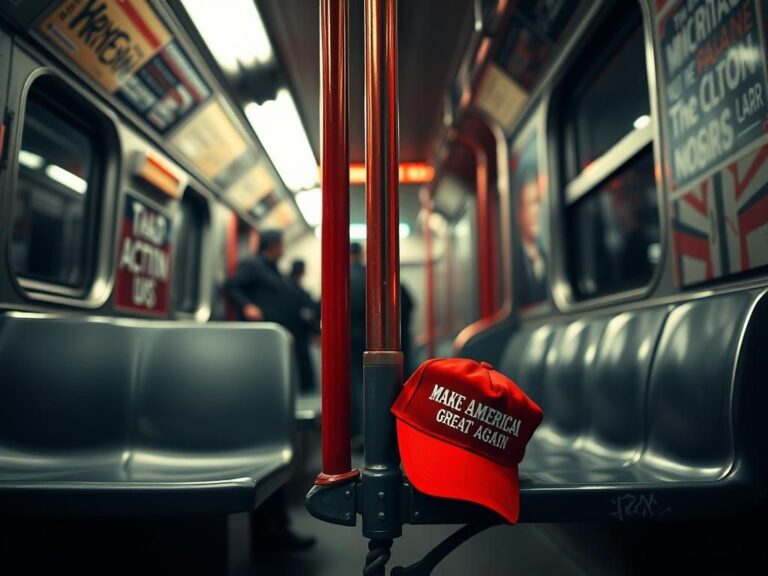 Flick International Subway car interior featuring an abandoned MAGA hat amidst urban graffiti art