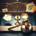 Flick International Aerial view of a courtroom showcasing a wooden gavel and a balanced scale symbolizing justice