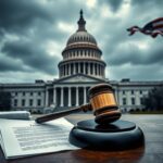 Flick International Dramatic scene of the United States Capitol building with a gavel and legal documents