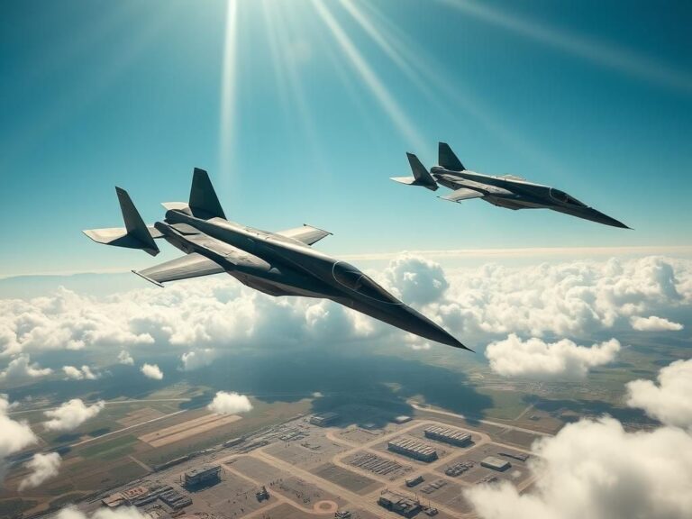 Flick International Two unmanned fighter jets soaring above a cloud-filled sky