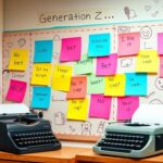 Flick International Colorful classroom bulletin board featuring Generation Z slang terms with playful doodles