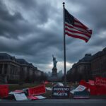 Flick International Dramatic urban landscape of Columbia University with protest signs