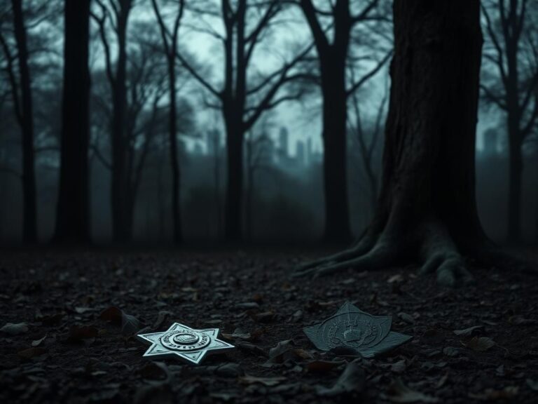 Flick International A lonely police badge lying on the ground in a quiet forest, symbolizing lost authority.