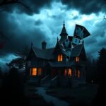 Flick International Artistic representation of a whimsical Snow White cottage surrounded by dark trees