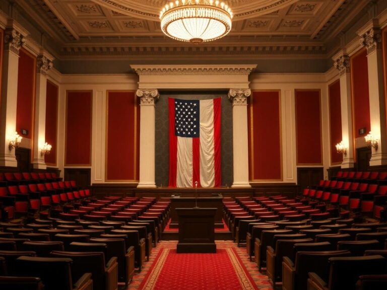 Flick International Interior view of the U.S. Capitol chamber with empty seats and American flag