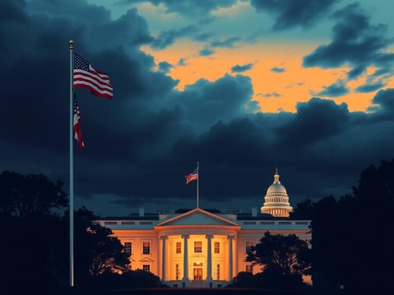 Flick International A graphic representation of the White House at dusk with a warm glow and stormy skies