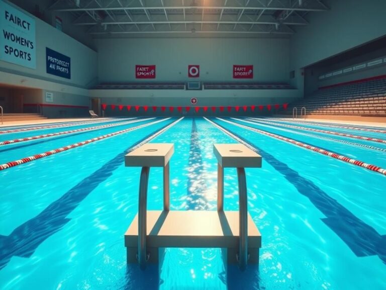 Flick International Empty competitive swimming pool with starting blocks, symbolizing fairness in sports