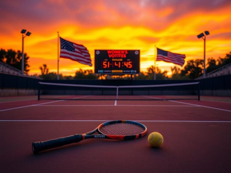 Flick International Worn tennis racket and ball on an empty court during a dramatic sunset