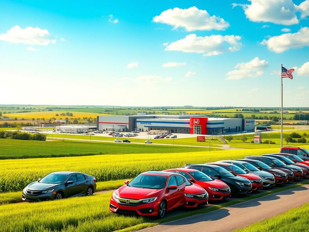 Flick International A vibrant Indiana landscape showcasing a modern Honda manufacturing plant with new Honda Civics